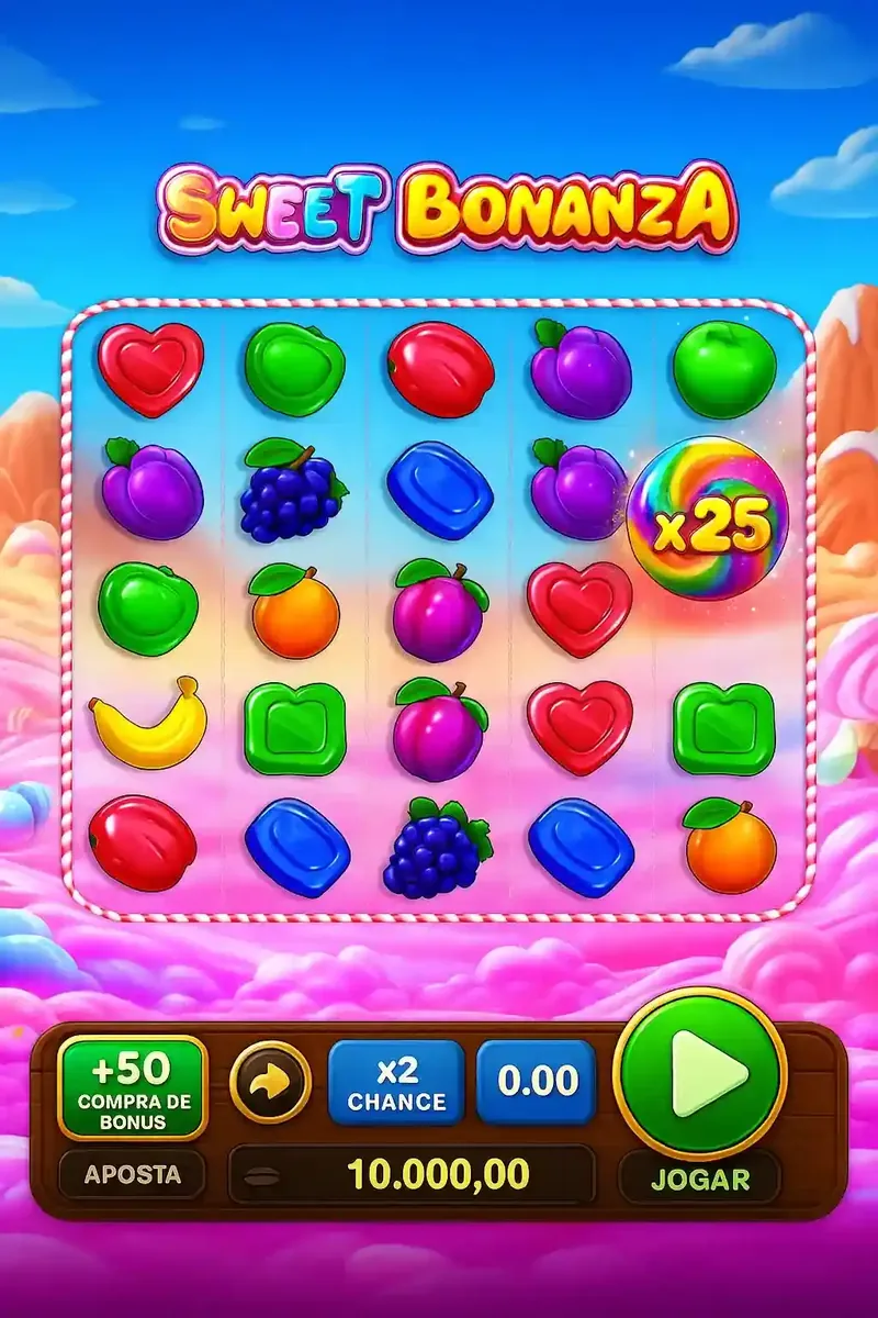 Sweet Bonanza Slot Game Interface Tela do jogo Sweet Bonanza mostrando grid com frutas coloridas, corações и multiplicador x25 com interface de jogo completa